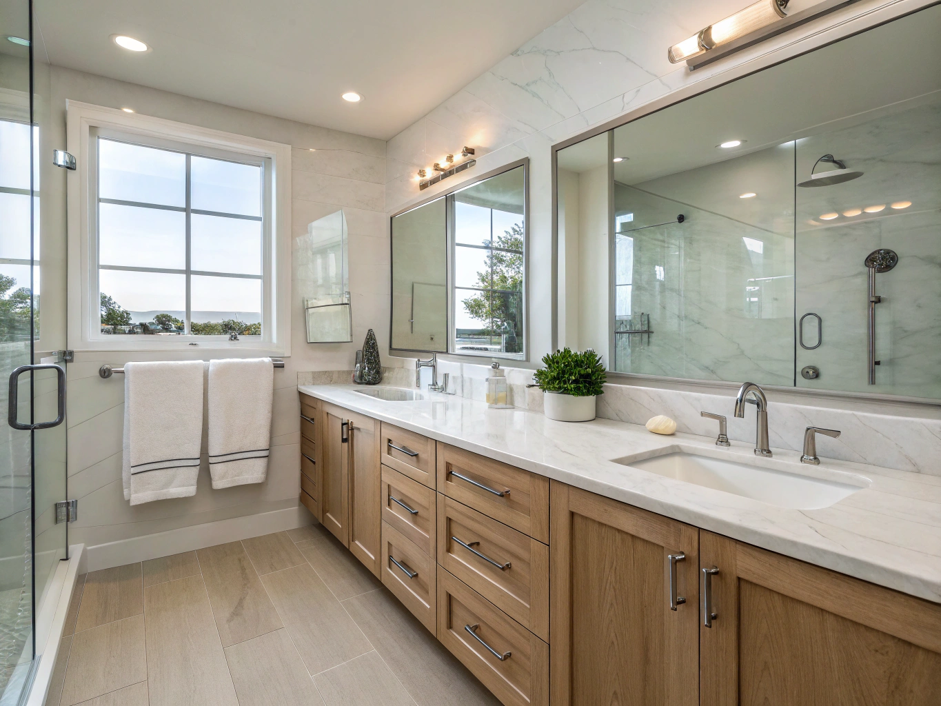 Custom master bathroom renovation in Kennesaw featuring white oak vanity, polished brass fixtures, and natural stone walk-in shower