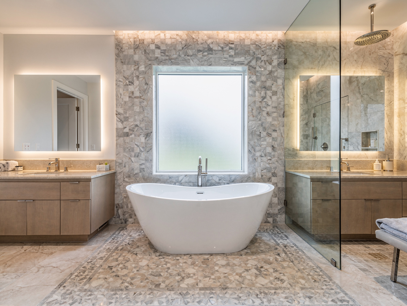 Spa-inspired primary bathroom remodel in Marietta with walk-in shower and freestanding tub