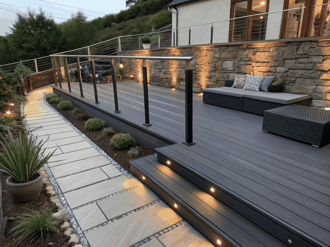 Custom elevated composite deck and outdoor entertainment platform