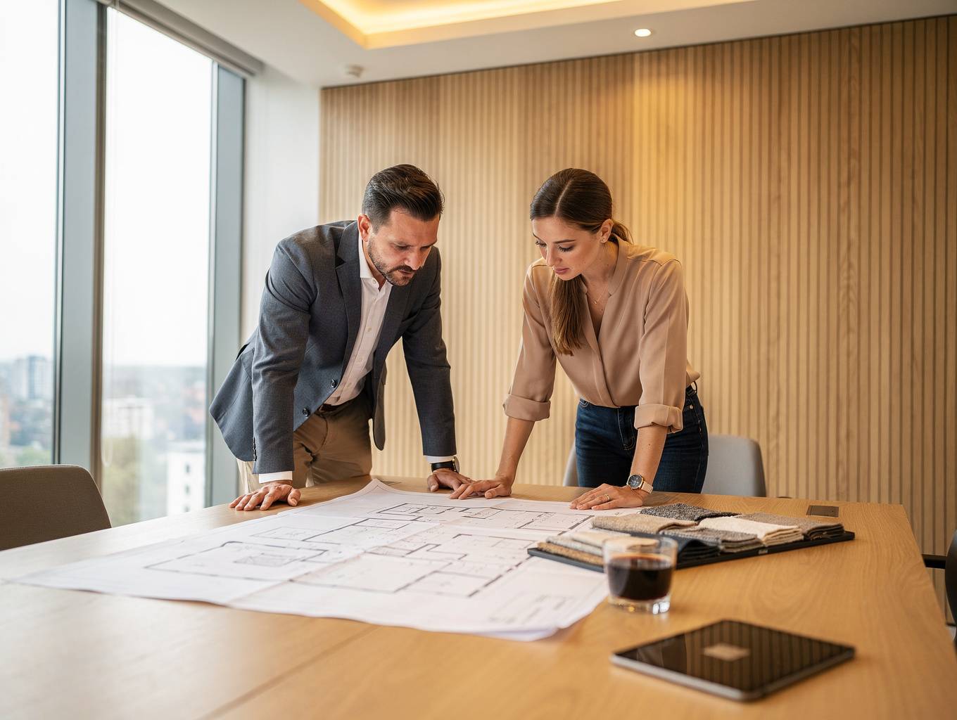 Architectural design consultation with detailed blueprint plans and curated building materials