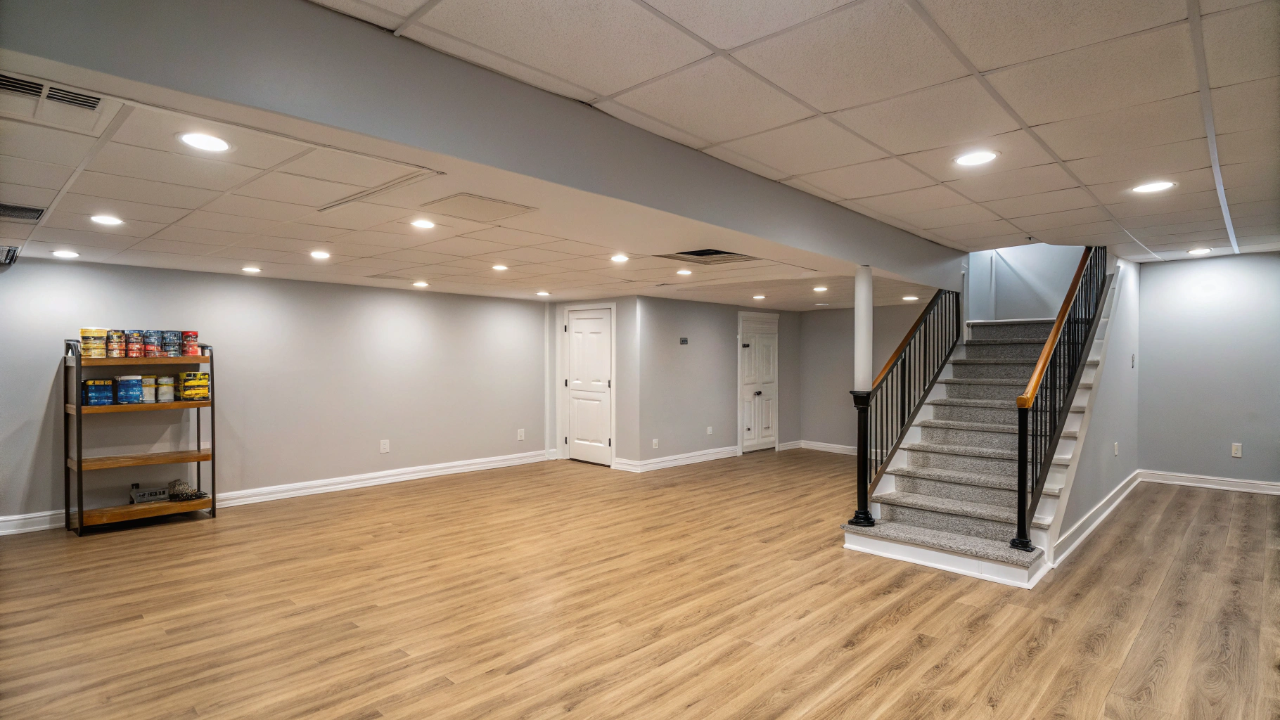 Finished basement remodel with custom wet bar, entertaining lounge, and recessed lighting
