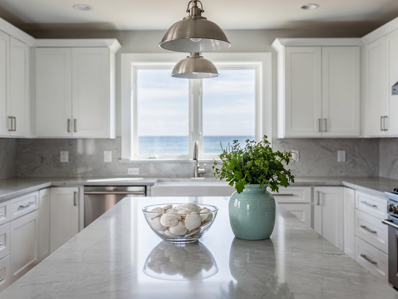 Custom luxury kitchen remodel in Kennesaw with quartz waterfall island and bespoke cabinetry