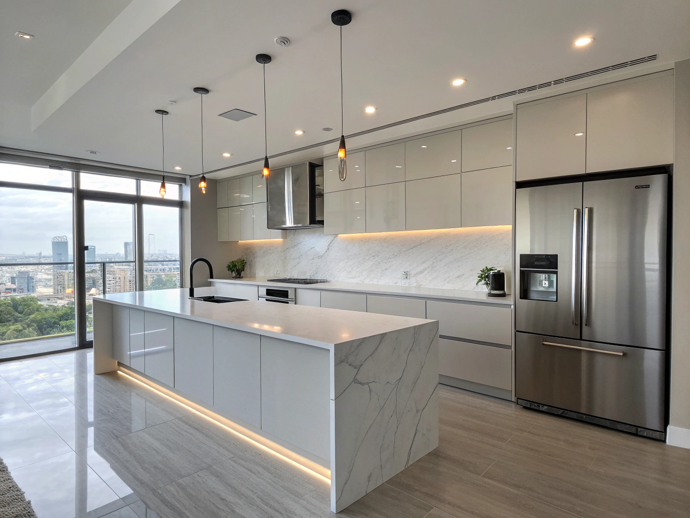 Custom kitchen renovation in Kennesaw featuring quartz waterfall island and warm oak millwork