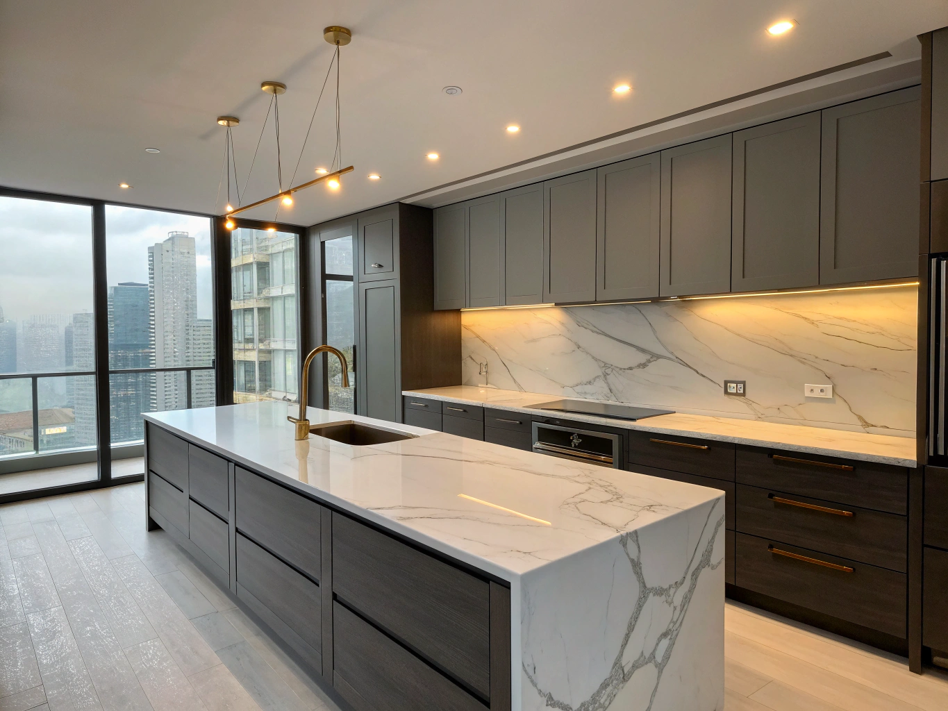 Transitional kitchen remodel in Smyrna featuring white cabinetry, brass hardware, and quartz countertops